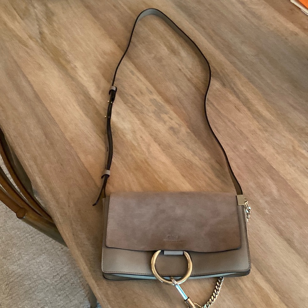 Chloe Faye crossbody bag.  Gray suede and leather with gold hardware.